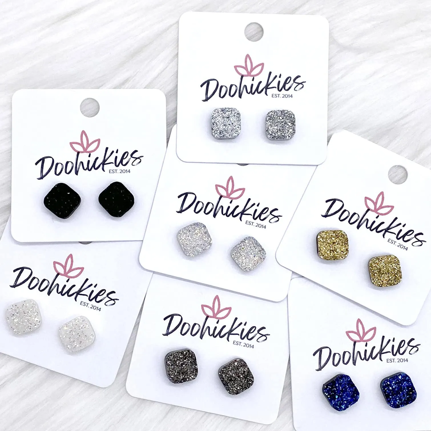 10mm Glitter Square Earrings - Silver