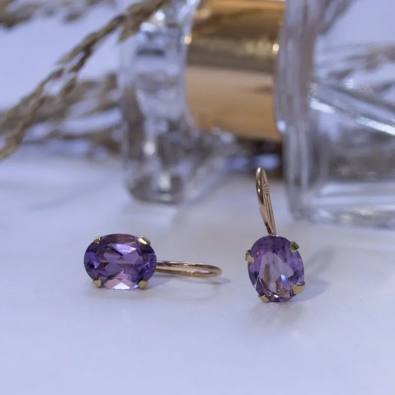 14K Yellow Gold Oval Purple Amethyst 6X8mm Dangle Earrings