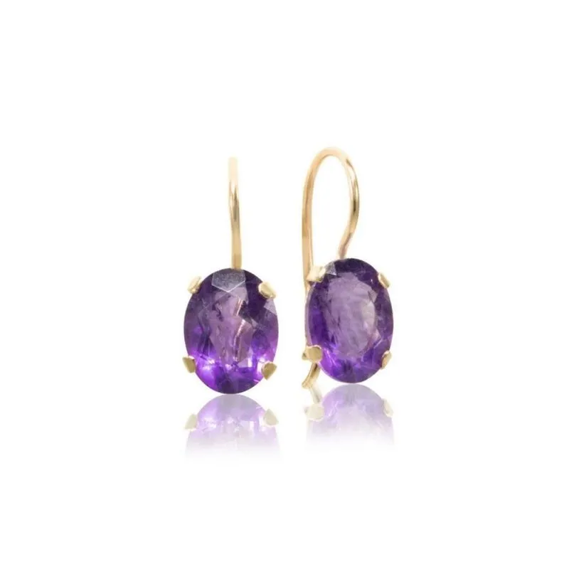 14K Yellow Gold Oval Purple Amethyst 6X8mm Dangle Earrings