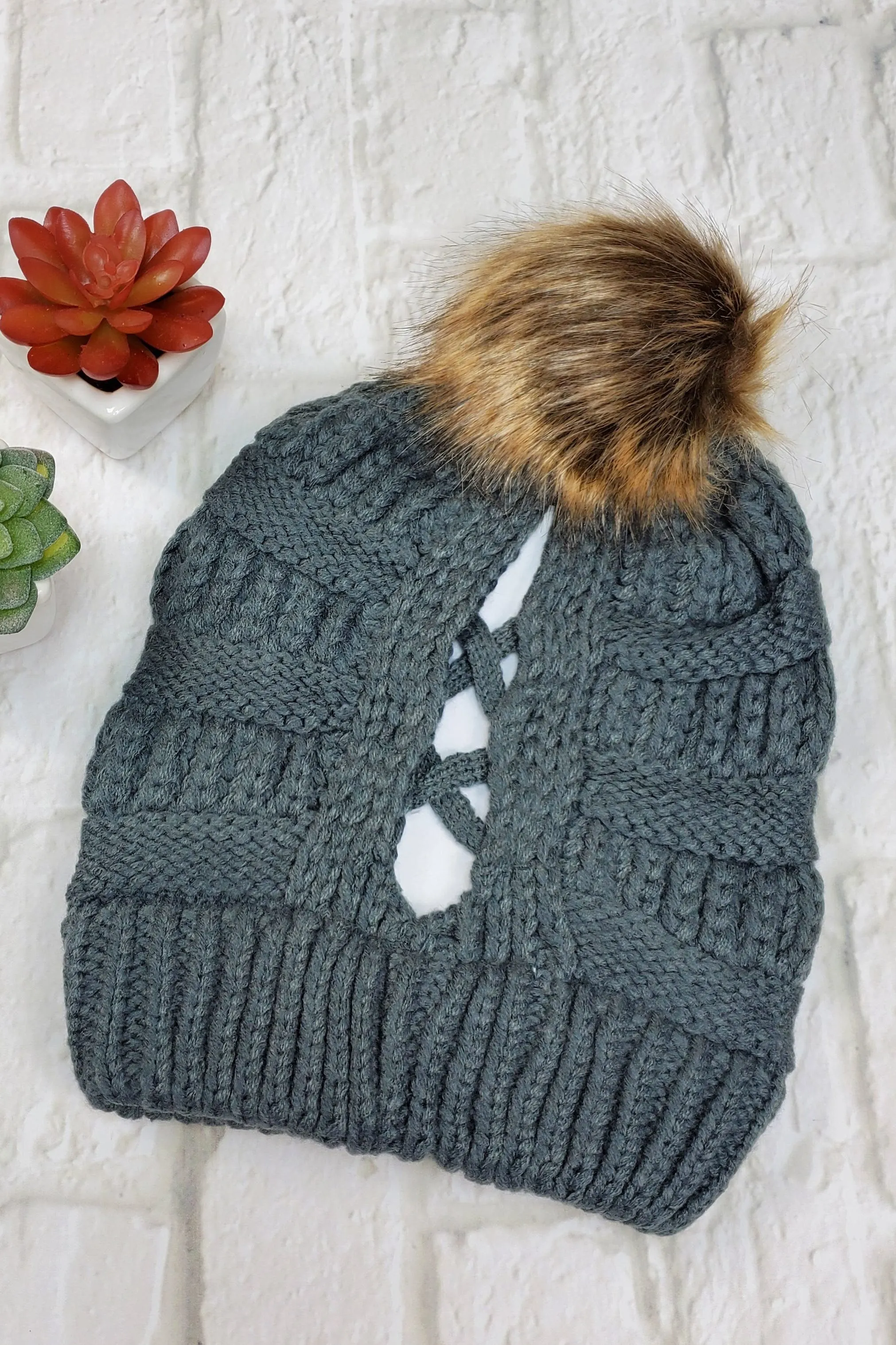 #15 Dark Grey Ponytail Pom-Pom Beanie