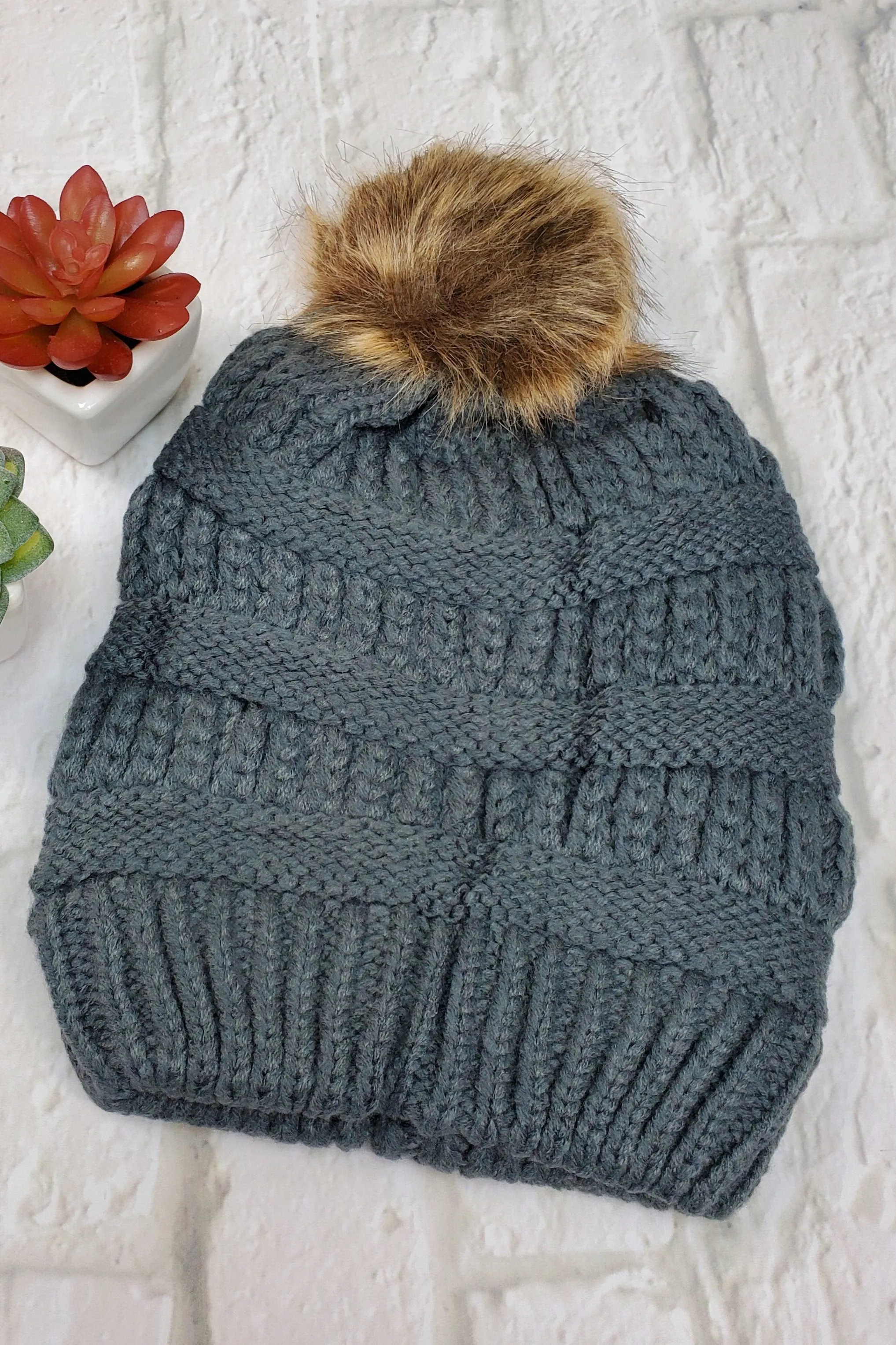 #15 Dark Grey Ponytail Pom-Pom Beanie