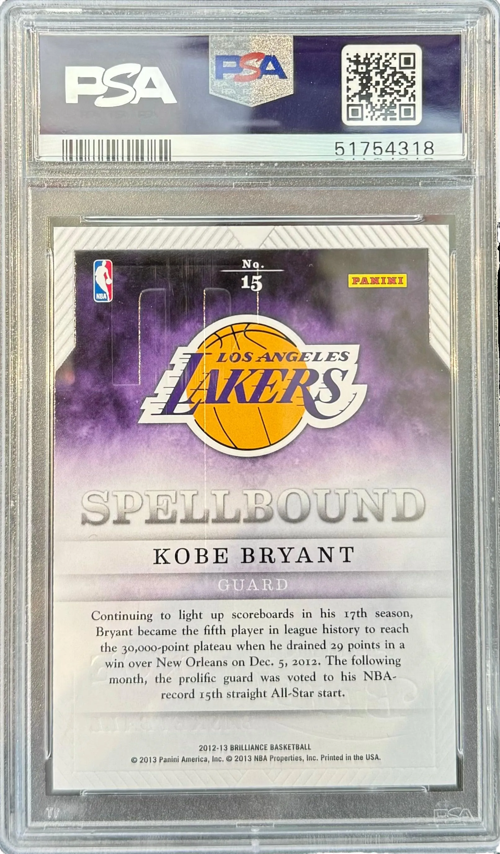 2012 Panini Brilliance Kobe Bryant Spellbound (T) (PSA Graded: 10/10)