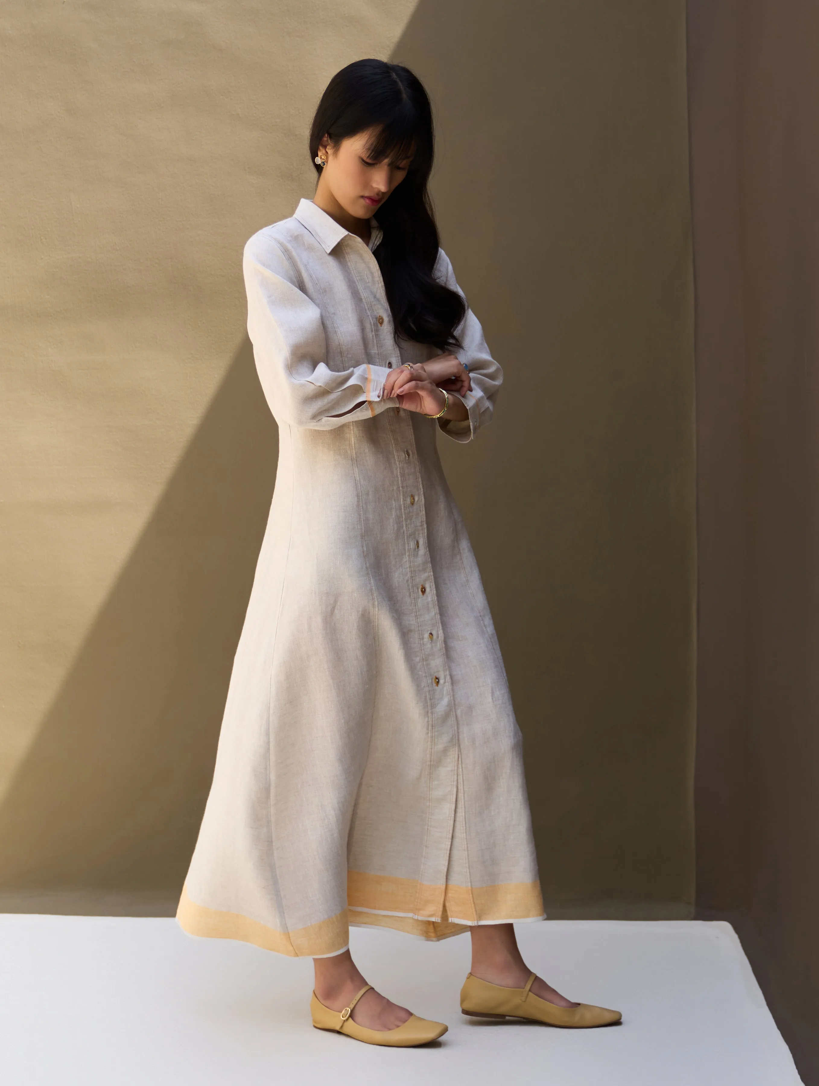 Ani Border Linen Dress - Natural