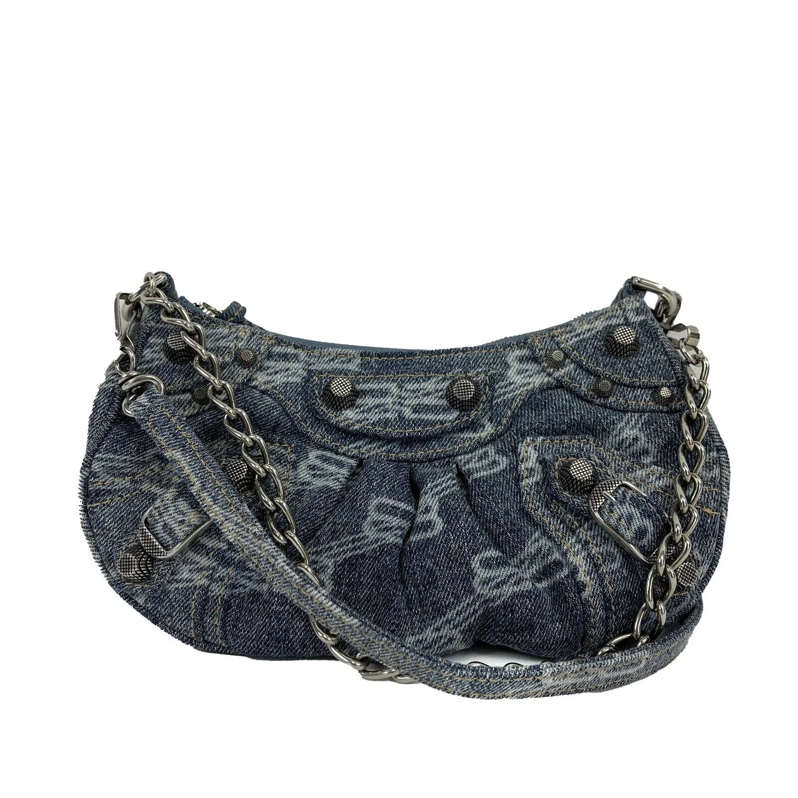 Balenciaga Le Cagole Mini Monogram Denim Shoulder Bag / Bleached Denim Crossbody