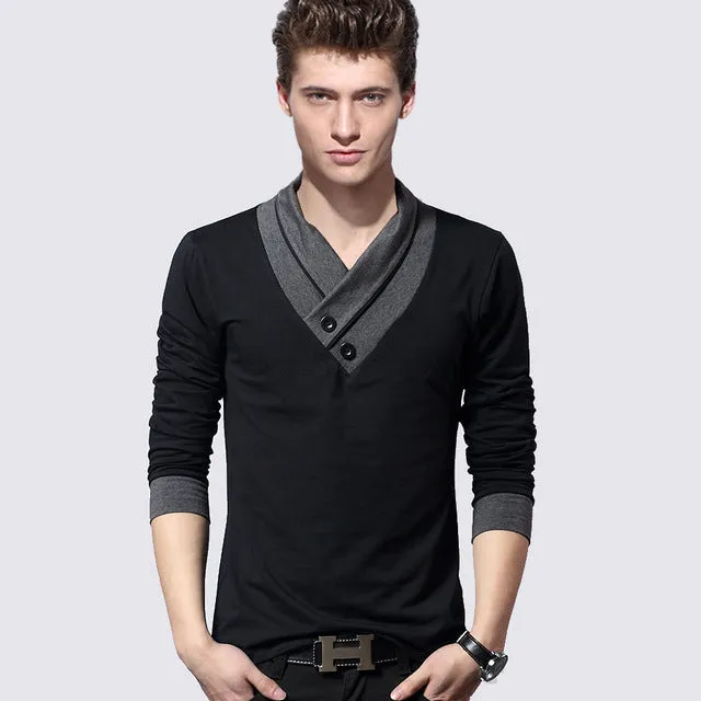 Big size cotton t shirt  Spring/autumn fashion mens T-shirt homme men's long sleeved V-neck patchwork color casual T-shirts