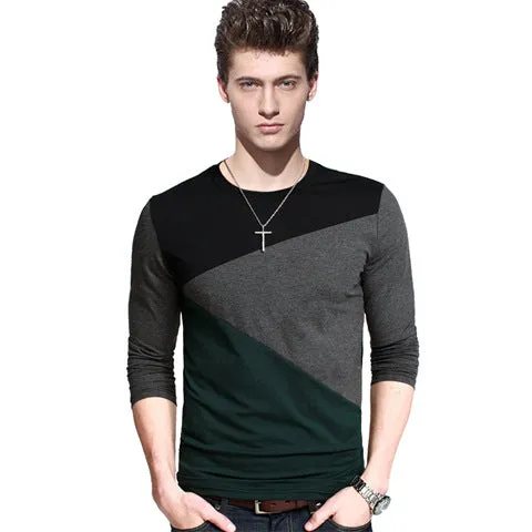 Big size cotton t shirt  Spring/autumn fashion mens T-shirt homme men's long sleeved V-neck patchwork color casual T-shirts