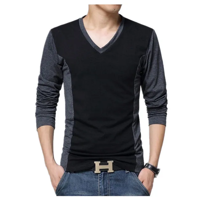 Big size cotton t shirt  Spring/autumn fashion mens T-shirt homme men's long sleeved V-neck patchwork color casual T-shirts