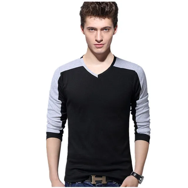 Big size cotton t shirt  Spring/autumn fashion mens T-shirt homme men's long sleeved V-neck patchwork color casual T-shirts