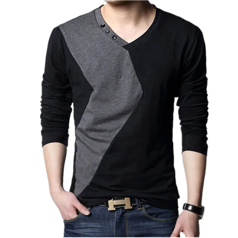 Big size cotton t shirt  Spring/autumn fashion mens T-shirt homme men's long sleeved V-neck patchwork color casual T-shirts