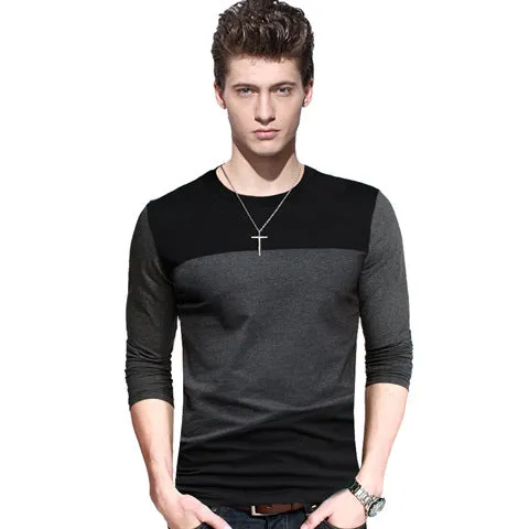 Big size cotton t shirt  Spring/autumn fashion mens T-shirt homme men's long sleeved V-neck patchwork color casual T-shirts