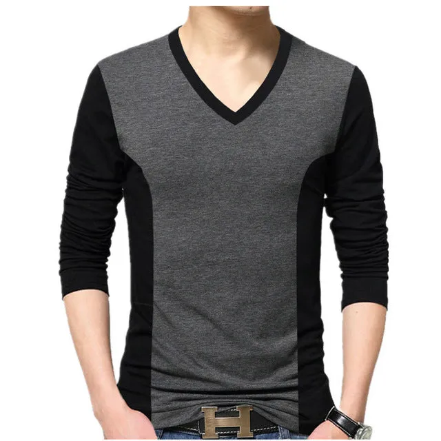 Big size cotton t shirt  Spring/autumn fashion mens T-shirt homme men's long sleeved V-neck patchwork color casual T-shirts