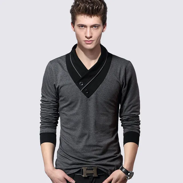 Big size cotton t shirt  Spring/autumn fashion mens T-shirt homme men's long sleeved V-neck patchwork color casual T-shirts