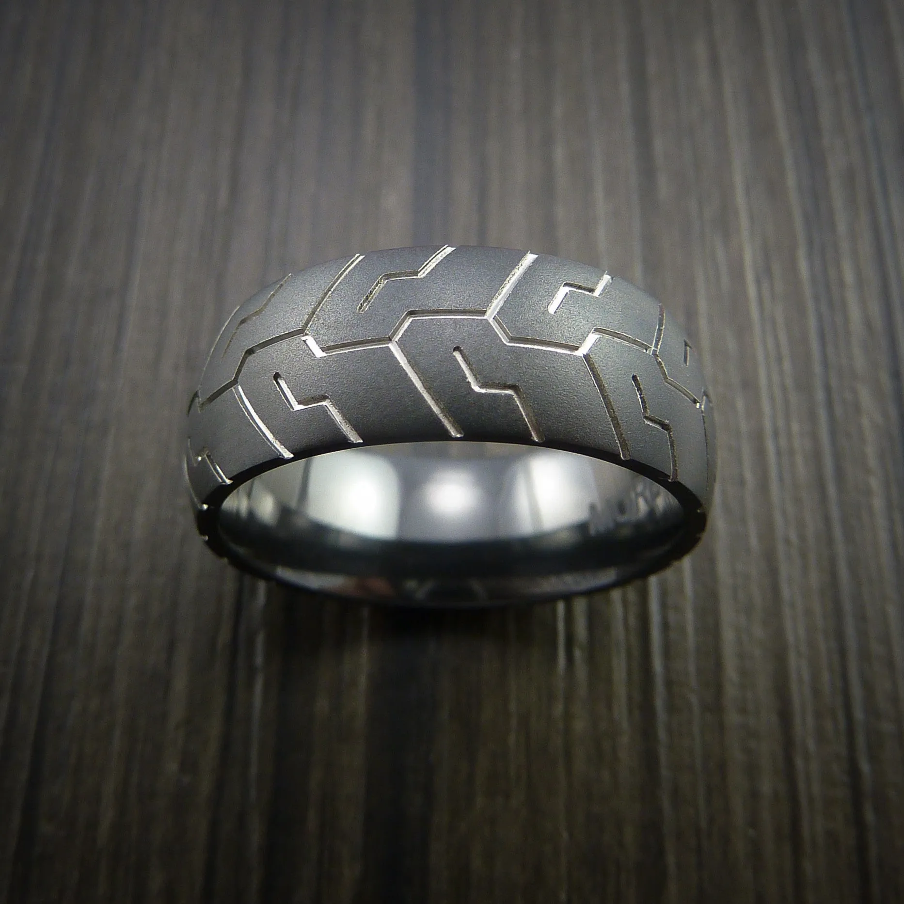 Black Titanium Tire Tread Textured Carved Men's Ring