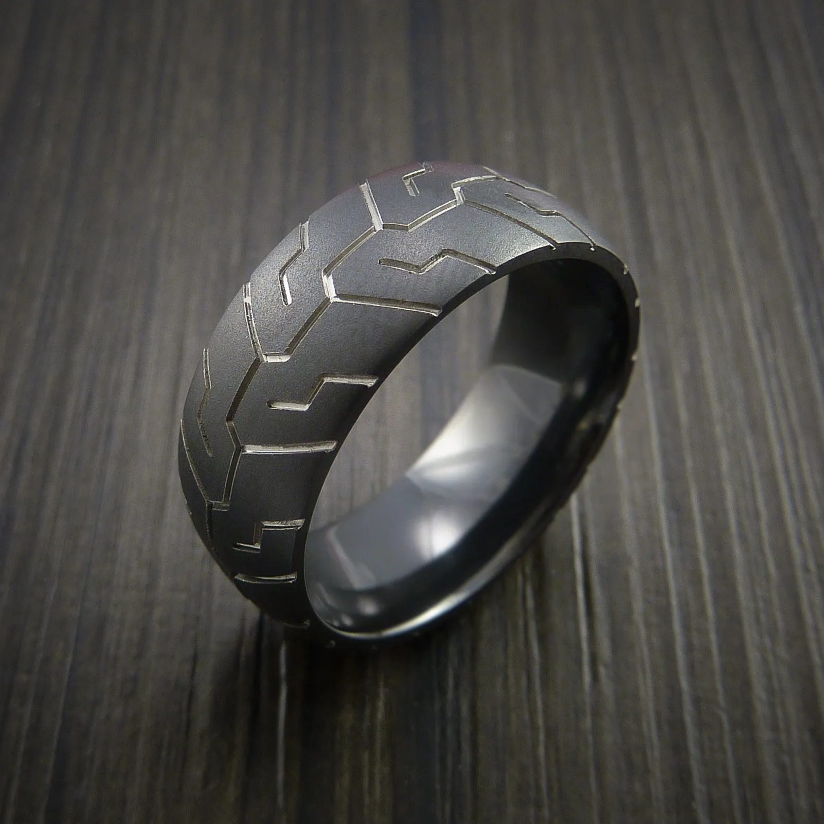 Black Titanium Tire Tread Textured Carved Men's Ring