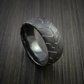 Black Titanium Tire Tread Textured Carved Men's Ring