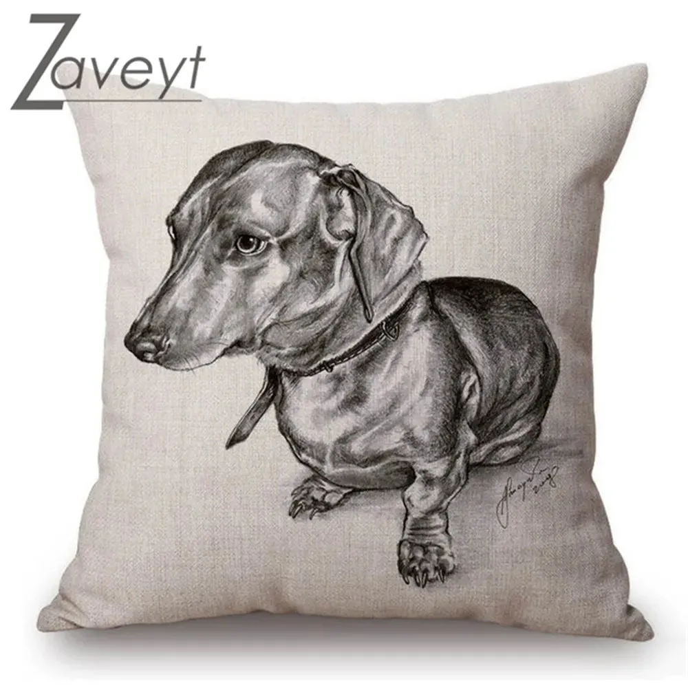 Black White Sketch Dachshund Nordic Linen Pillowcase