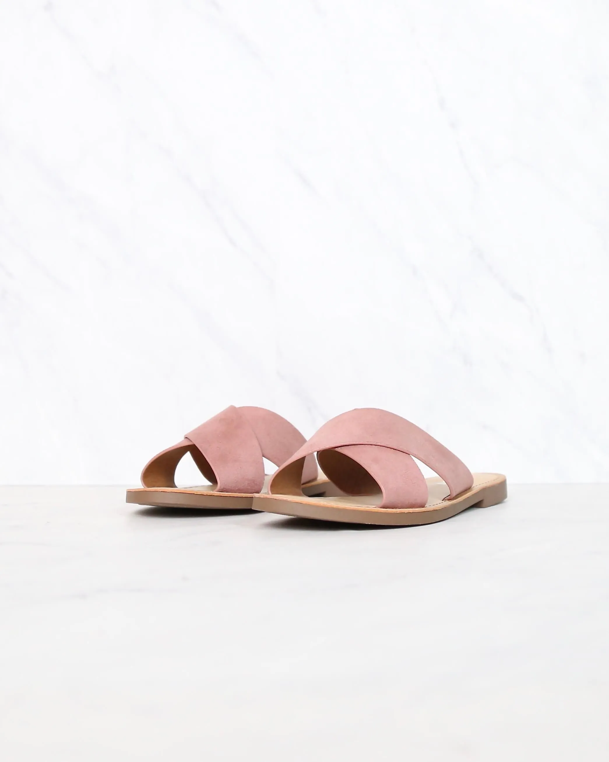 Coco Criss Cross Faux Suede Slip On Flat Sandals in Dusty Mauve