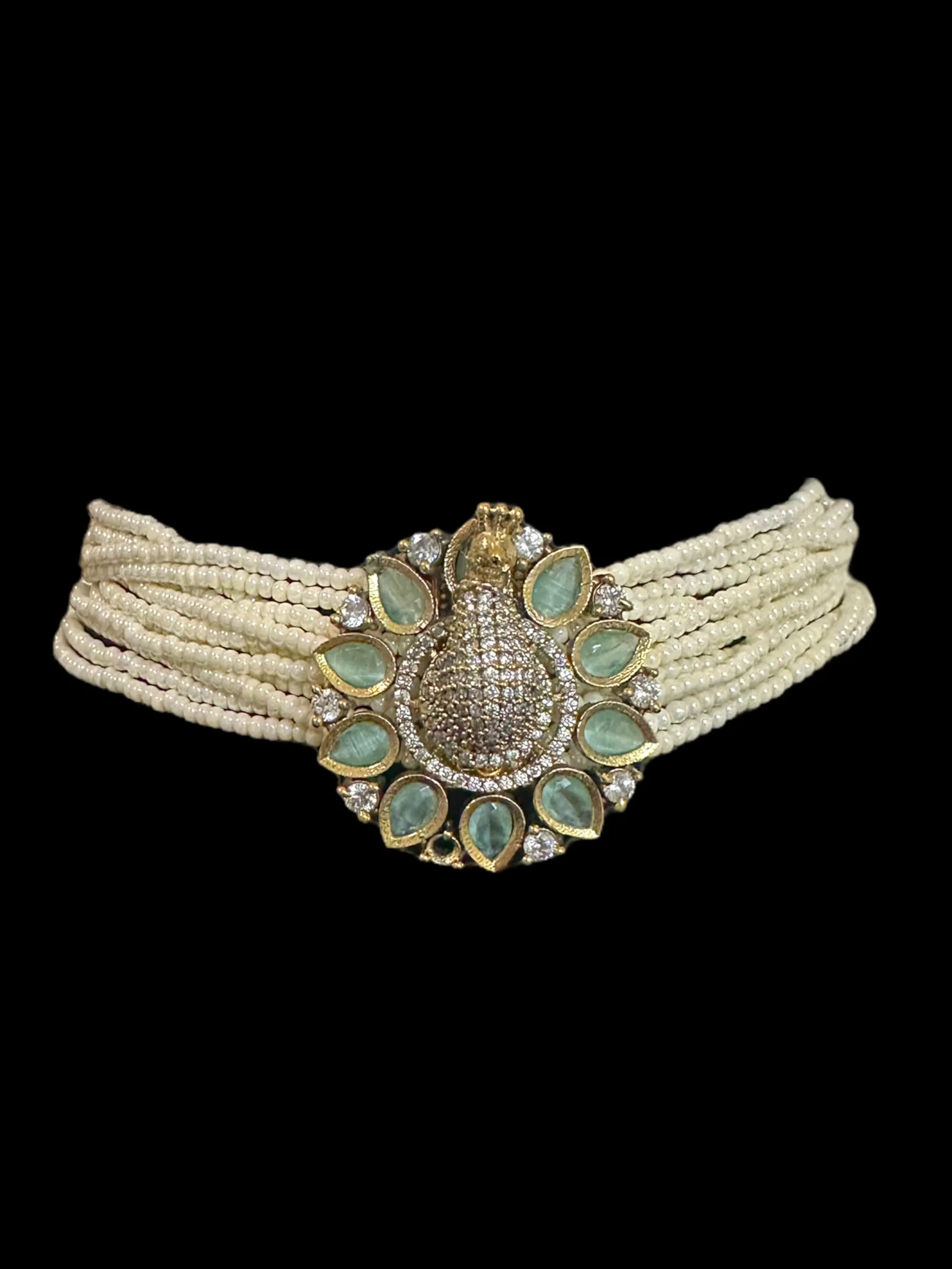 Cz choker - peacock style - mint     ( READY TO SHIP )