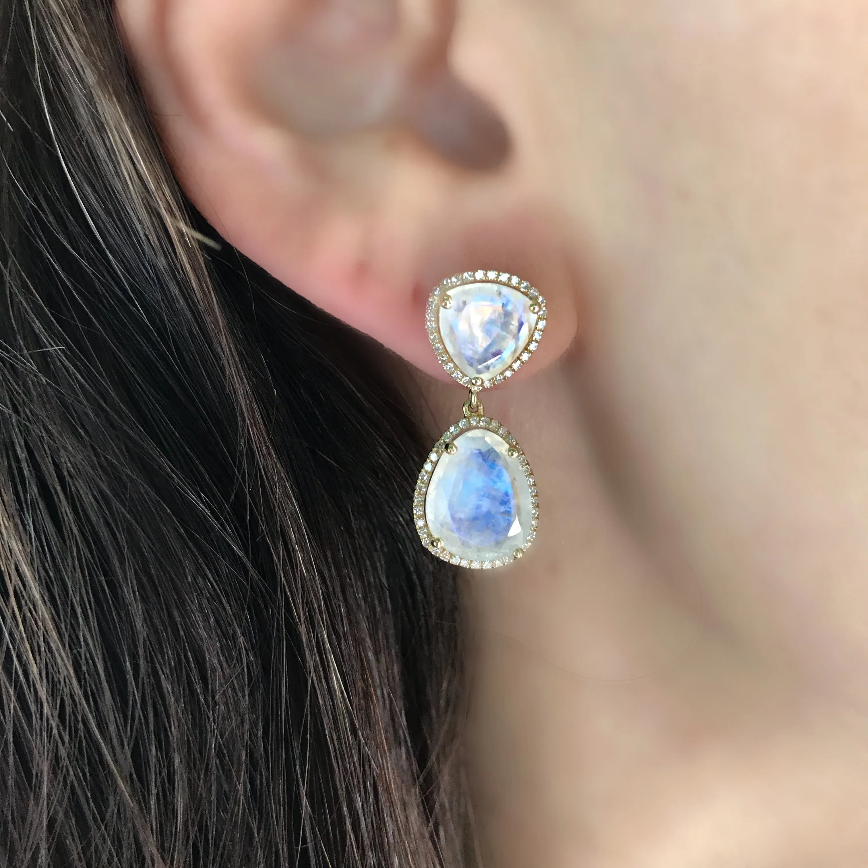 Double Moonstone with Diamond Halo Drop Earrings