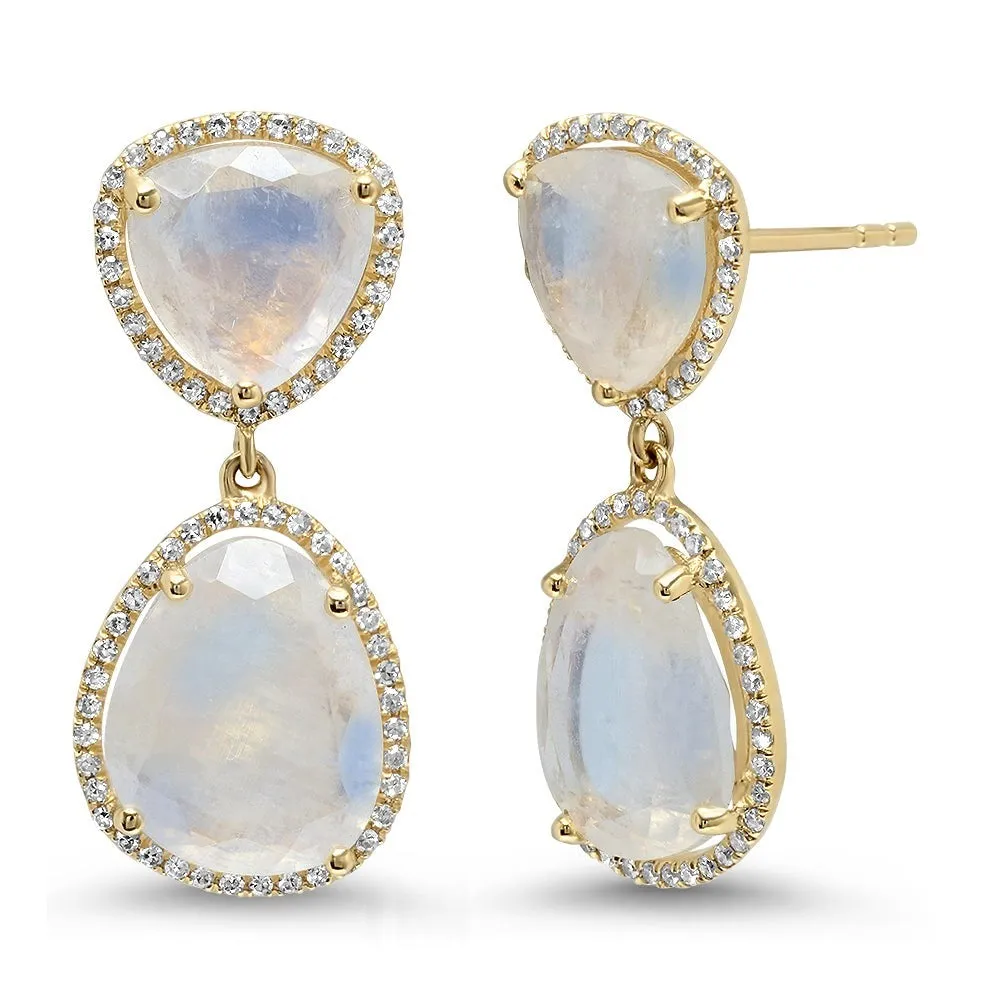 Double Moonstone with Diamond Halo Drop Earrings