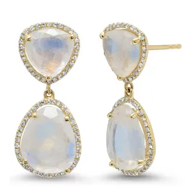 Double Moonstone with Diamond Halo Drop Earrings