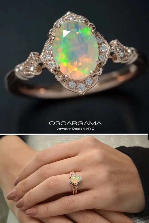 Fire Opal Halo Engagement Ring Vintage inspired style