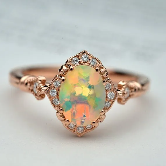 Fire Opal Halo Engagement Ring Vintage inspired style