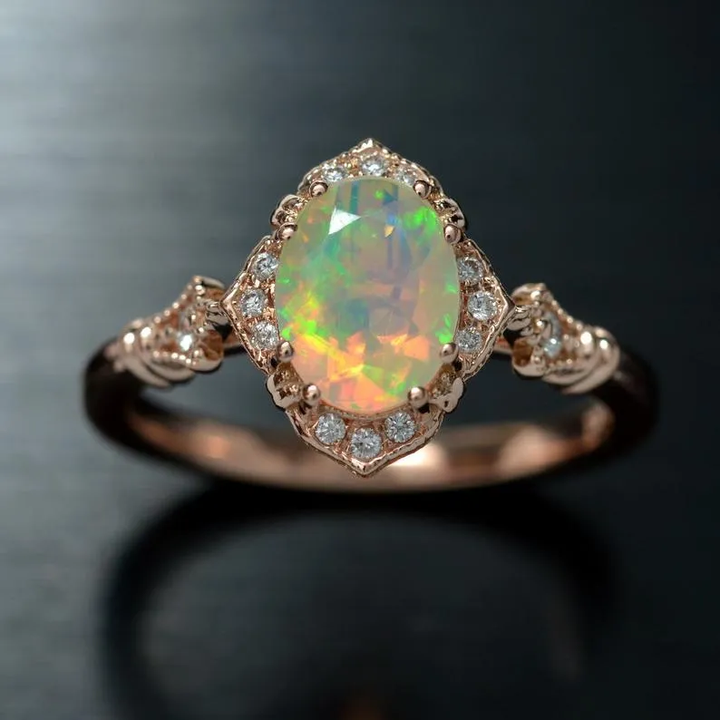 Fire Opal Halo Engagement Ring Vintage inspired style