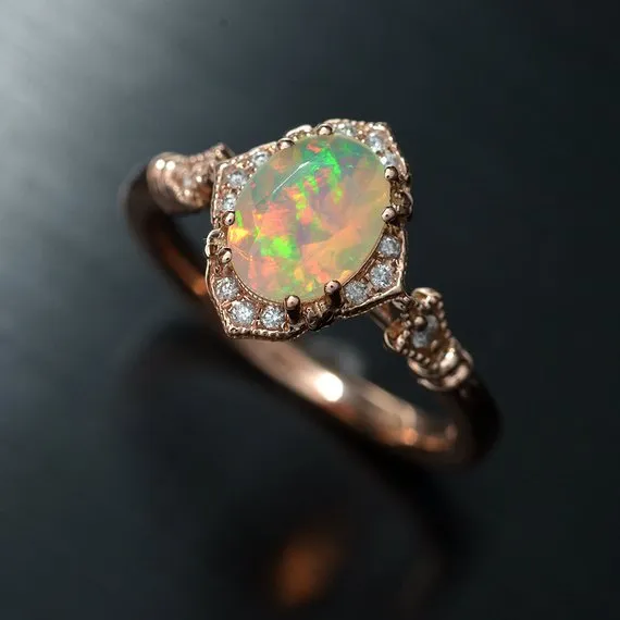 Fire Opal Halo Engagement Ring Vintage inspired style