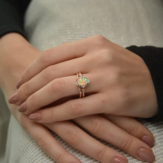 Fire Opal Halo Engagement Ring Vintage inspired style