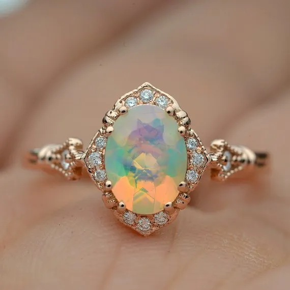 Fire Opal Halo Engagement Ring Vintage inspired style