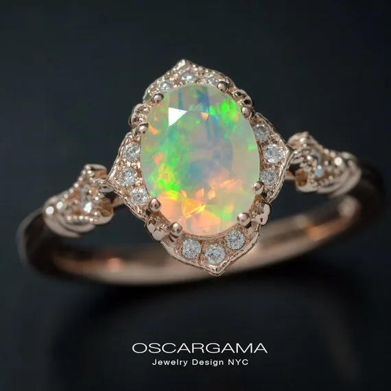 Fire Opal Halo Engagement Ring Vintage inspired style