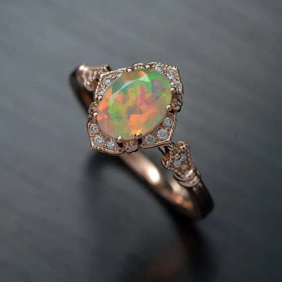 Fire Opal Halo Engagement Ring Vintage inspired style