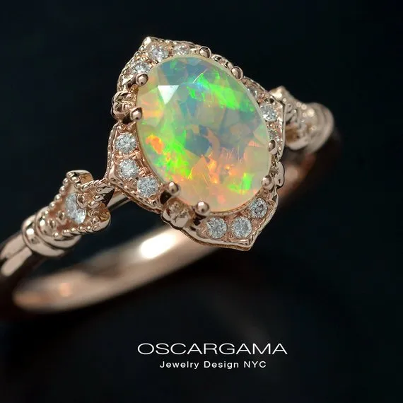 Fire Opal Halo Engagement Ring Vintage inspired style