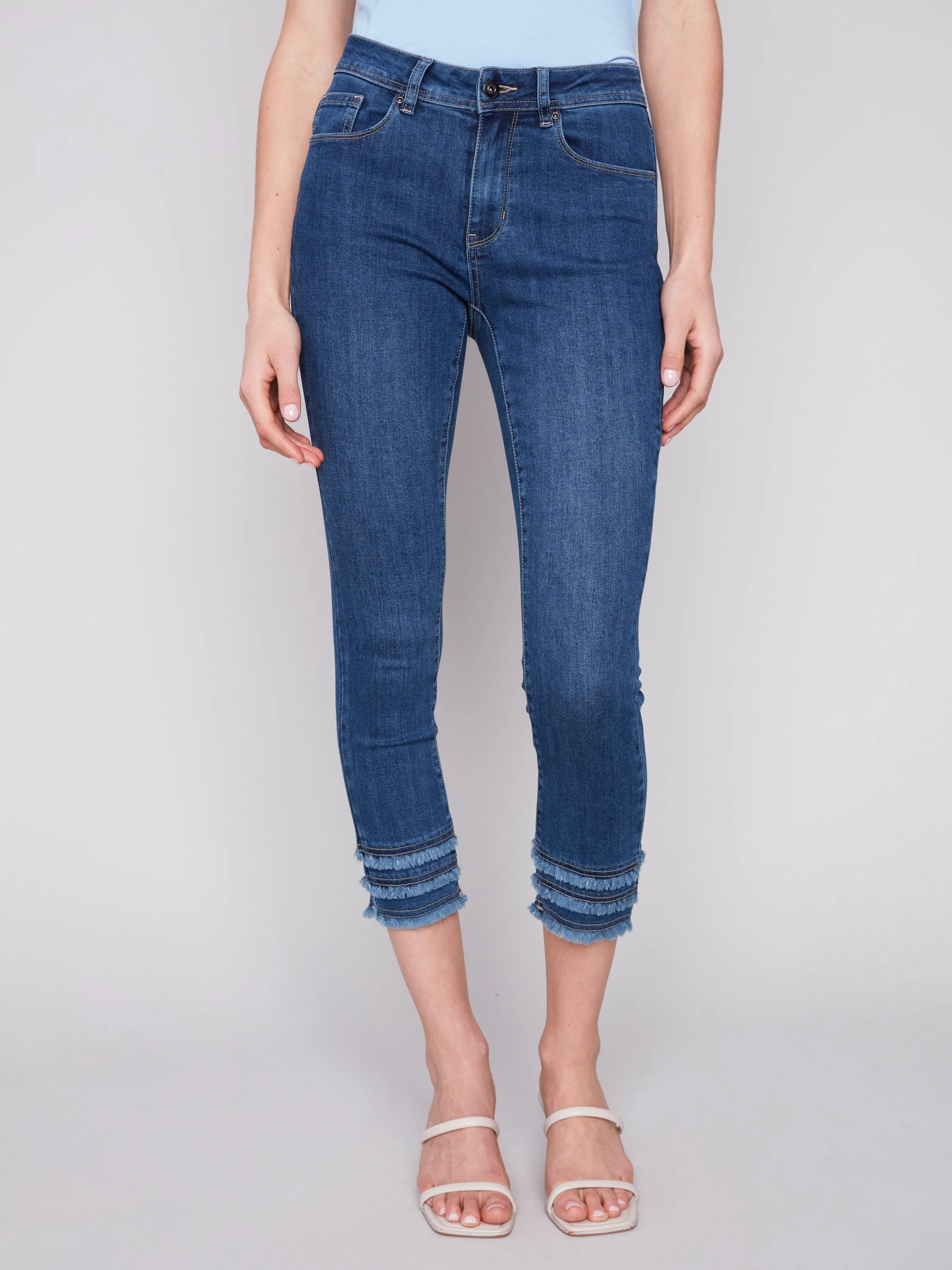 Frayed Hem Cropped Denim Pants - Indigo