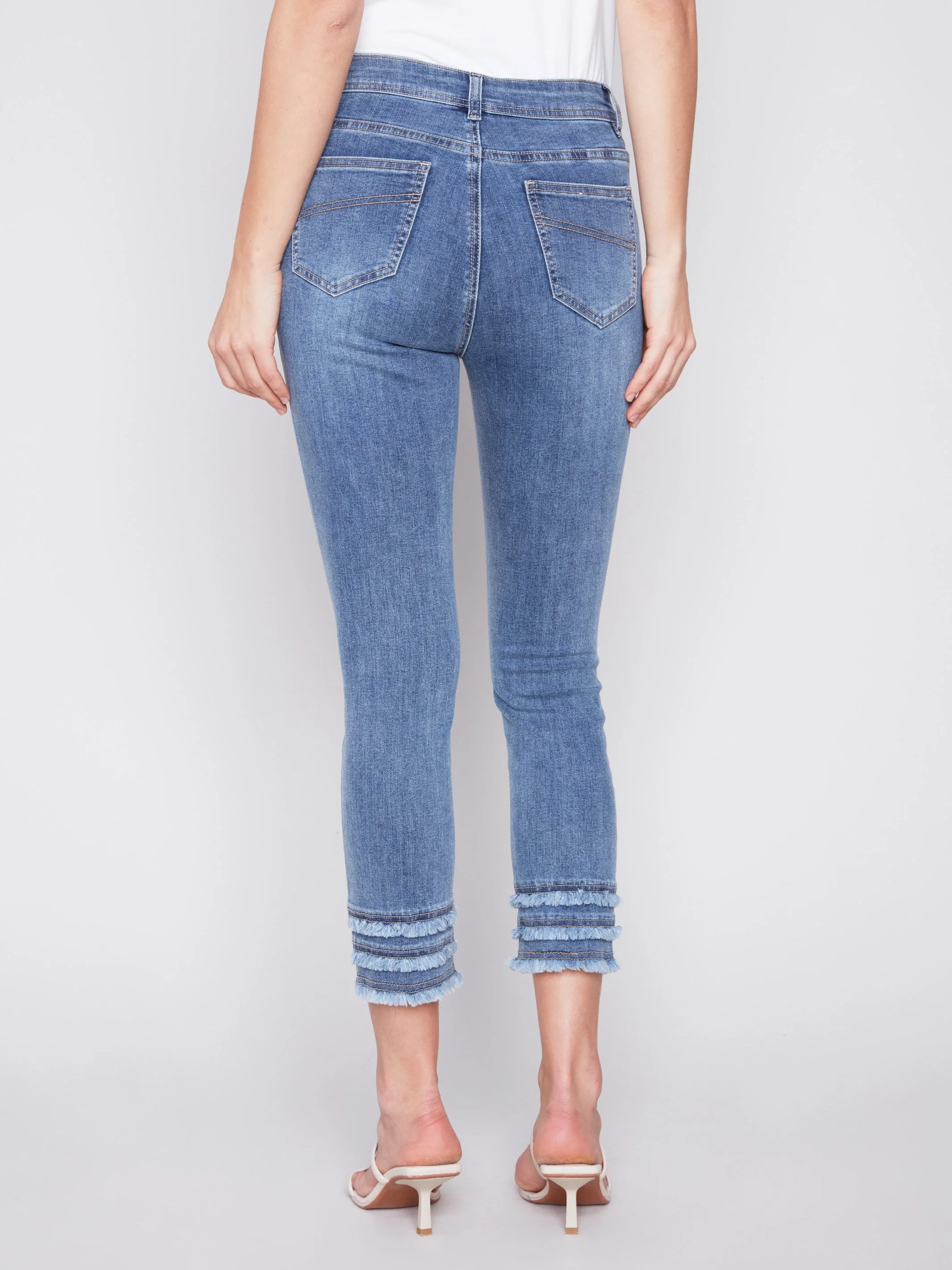 Frayed Hem Cropped Denim Pants - Medium Blue