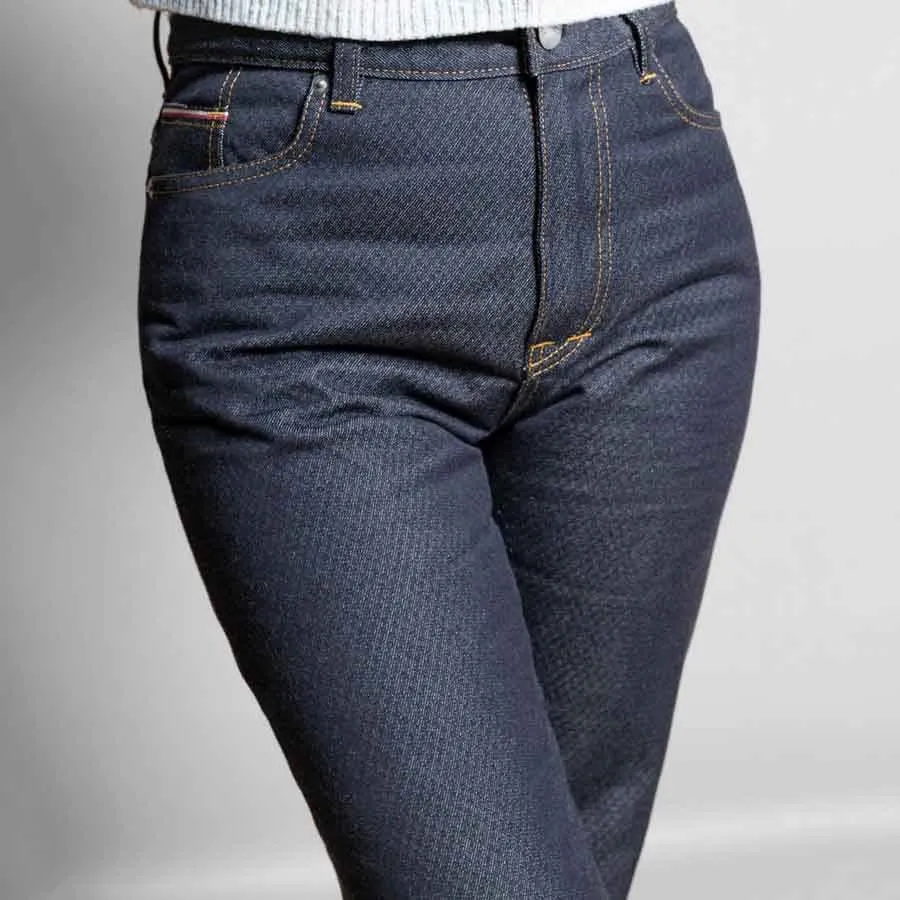 Jeans Jeanne selvedge chevron bleu taille haute coupe droite