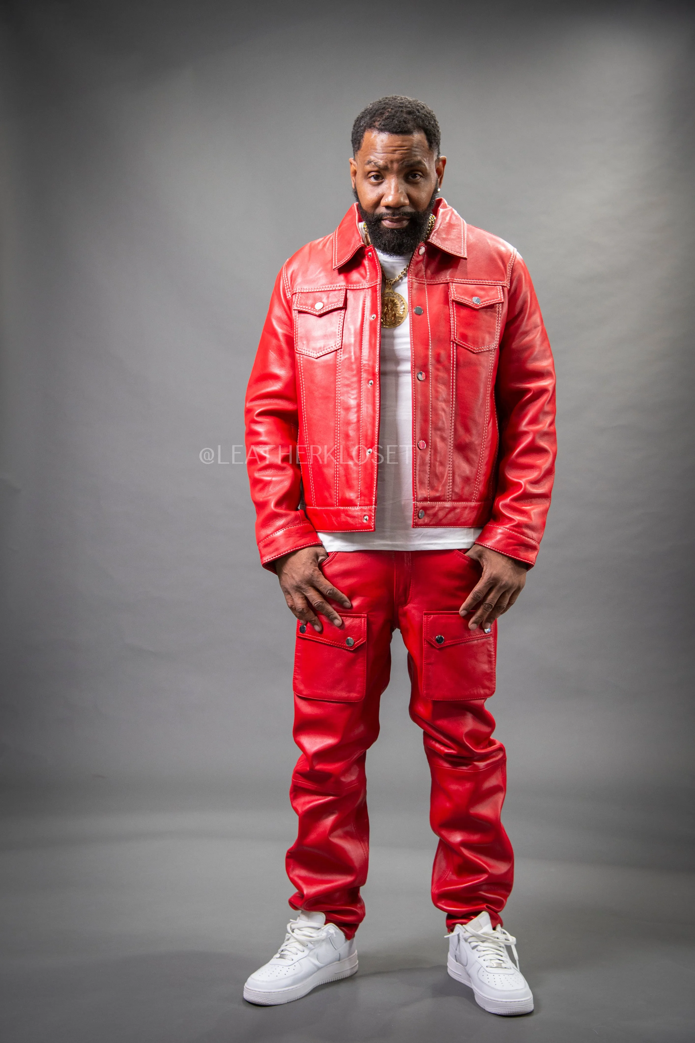 Men's Dylan Leather Jean Jacket And Cargo Pants Set [Red]