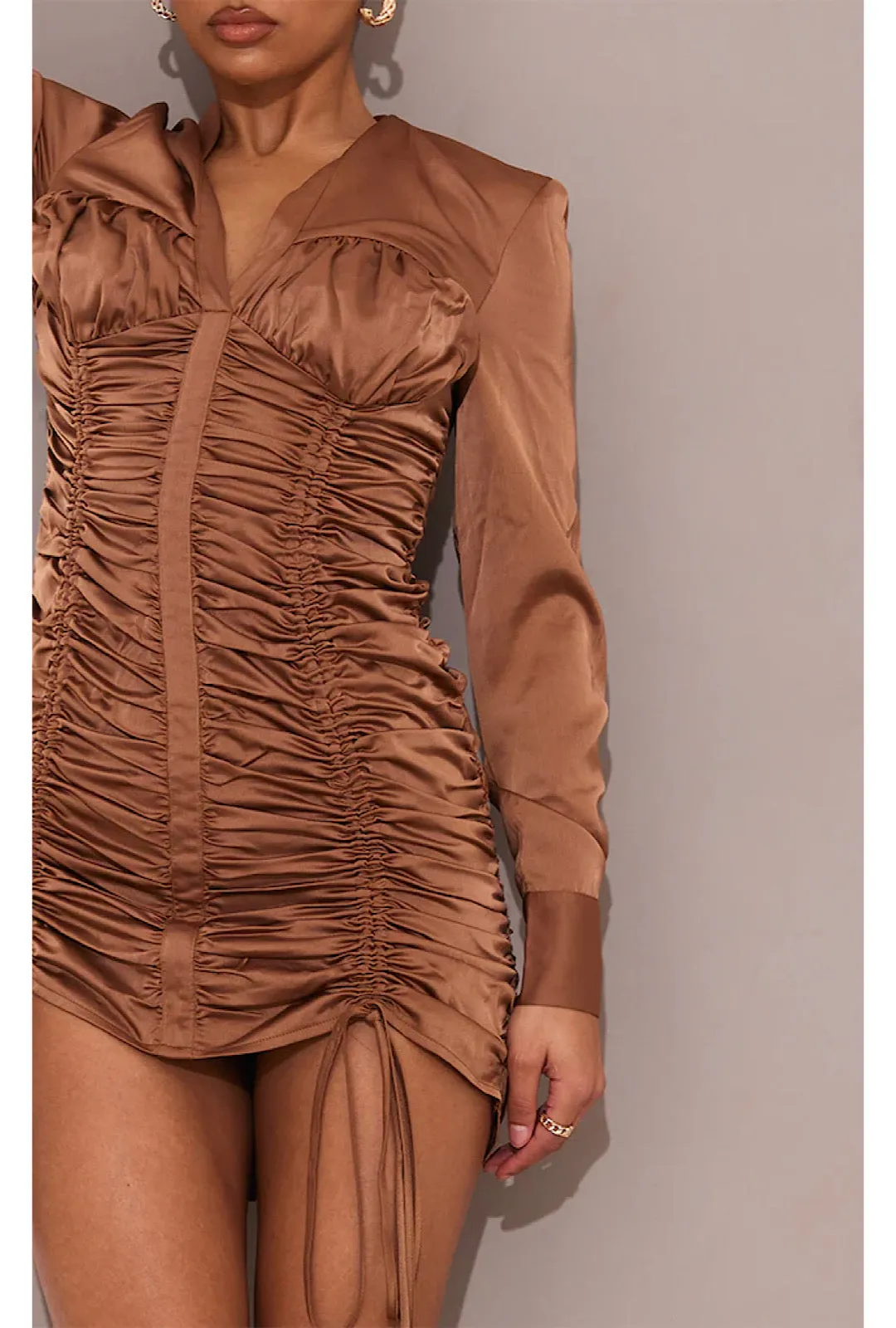 Mocha Satin Ruched Long Sleeve Shirt Style Bodycon Dress