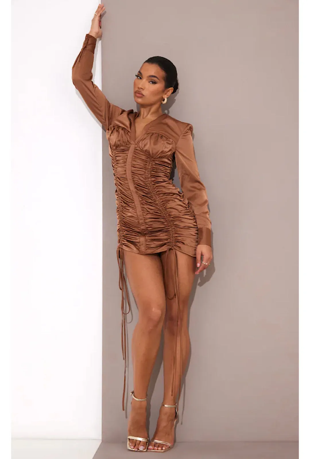 Mocha Satin Ruched Long Sleeve Shirt Style Bodycon Dress