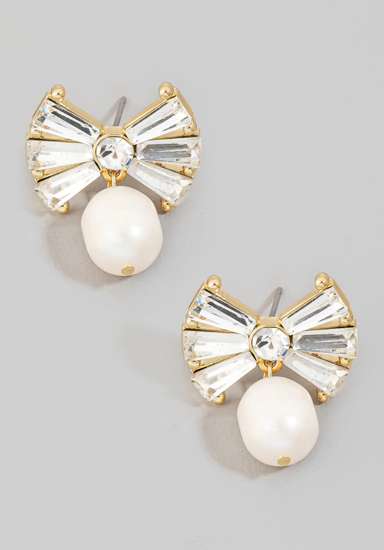 Rhinestone Bow Pearl Earrings