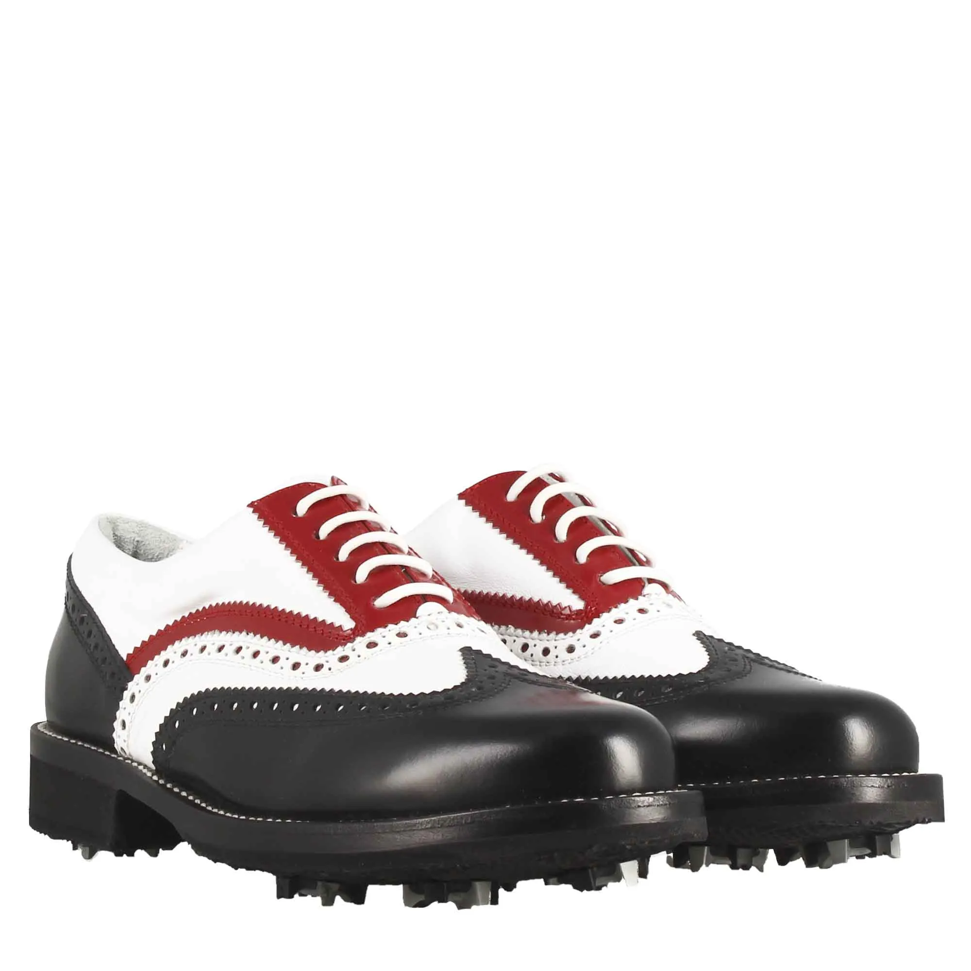 Scarpe da golf uomo artigianali in pelle pieno fiore nero bianco rosso