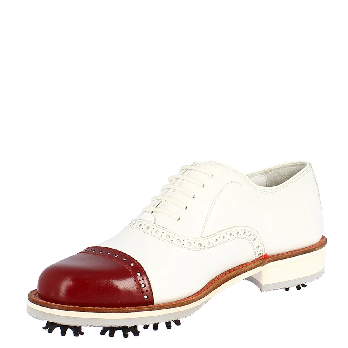 Scarpe golf donna artigianali in pelle bianco con puntale rosso