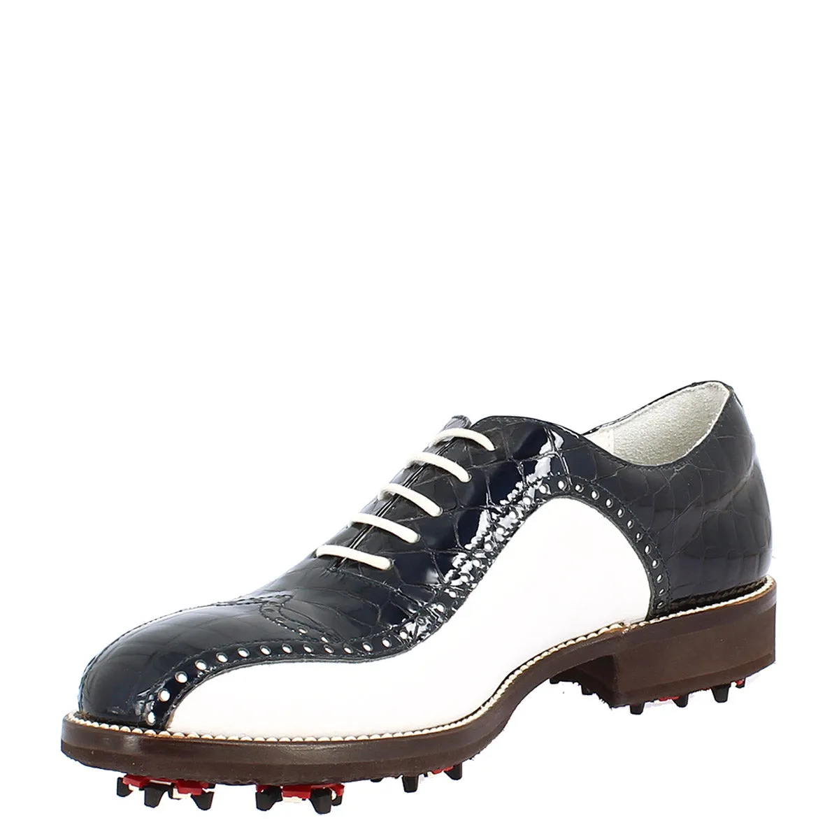 Scarpe golf donna artigianali in pelle pieno fiore bianco cocco blu