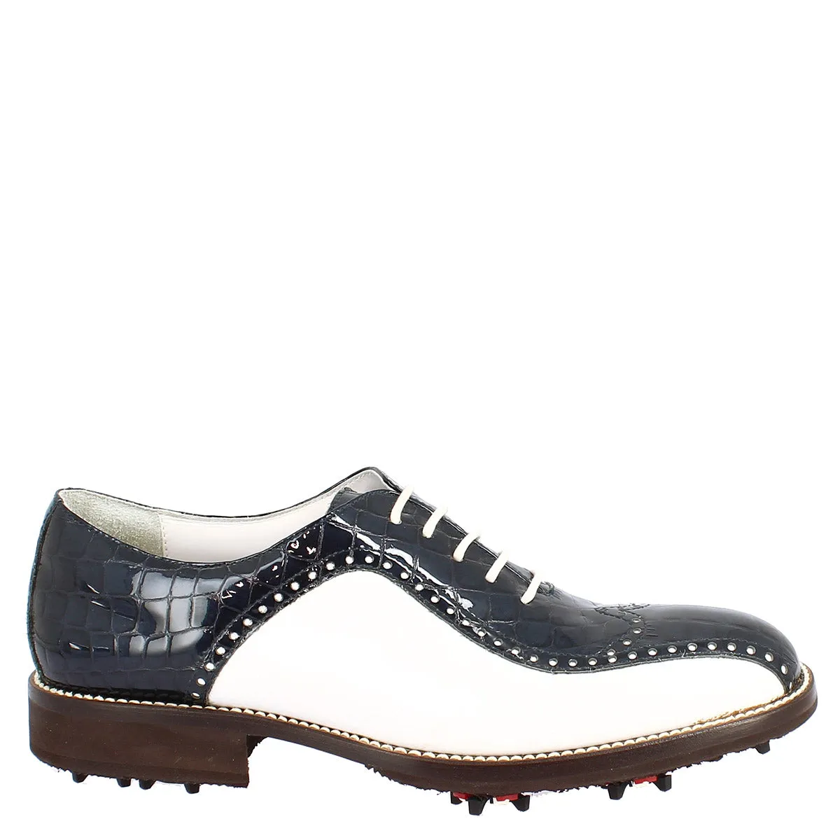 Scarpe golf donna artigianali in pelle pieno fiore bianco cocco blu