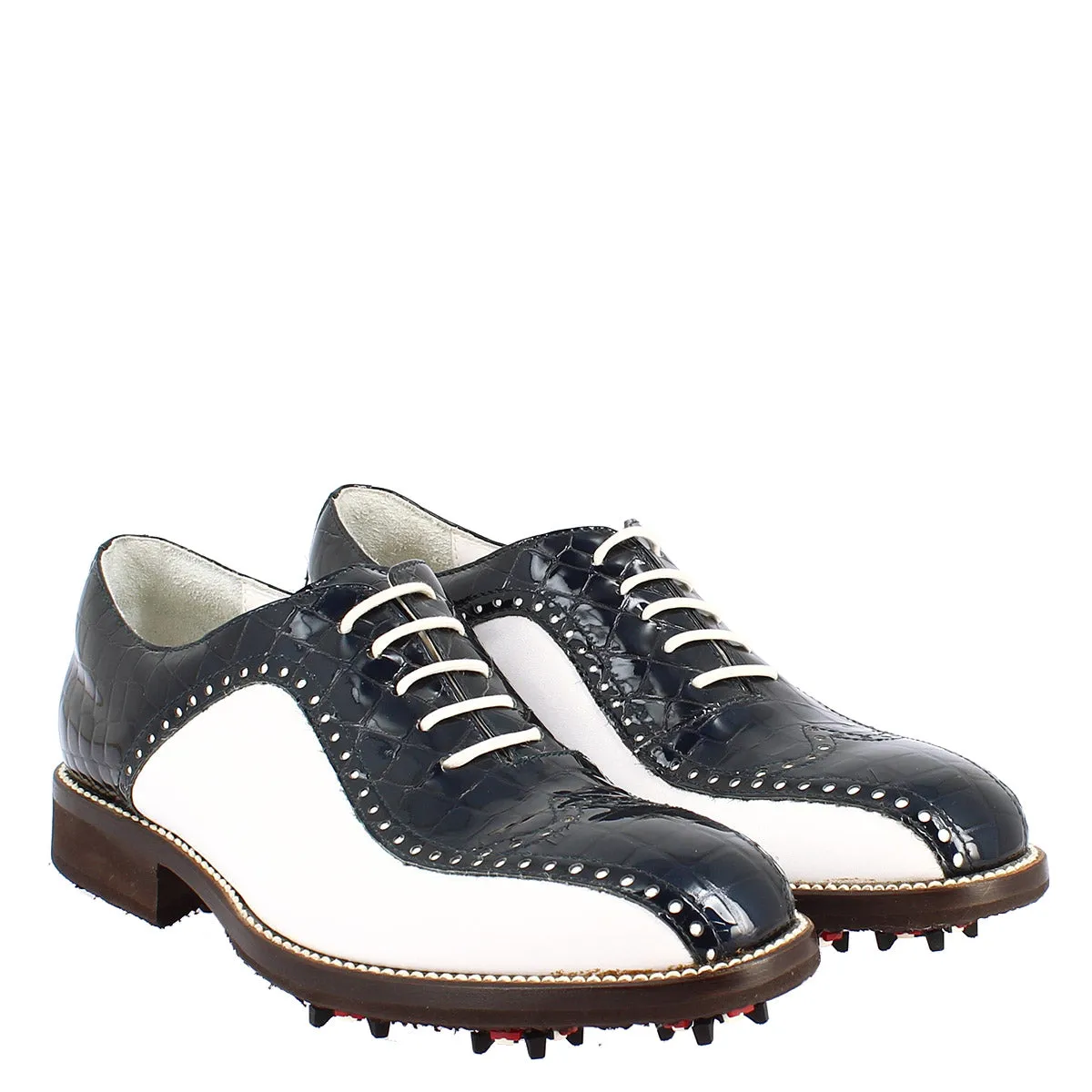 Scarpe golf donna artigianali in pelle pieno fiore bianco cocco blu