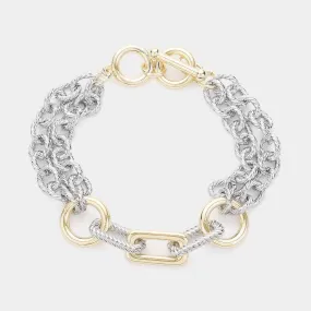 Silver Two Tone Metal Link Toggle Bracelet- M H W ACCESSORIES