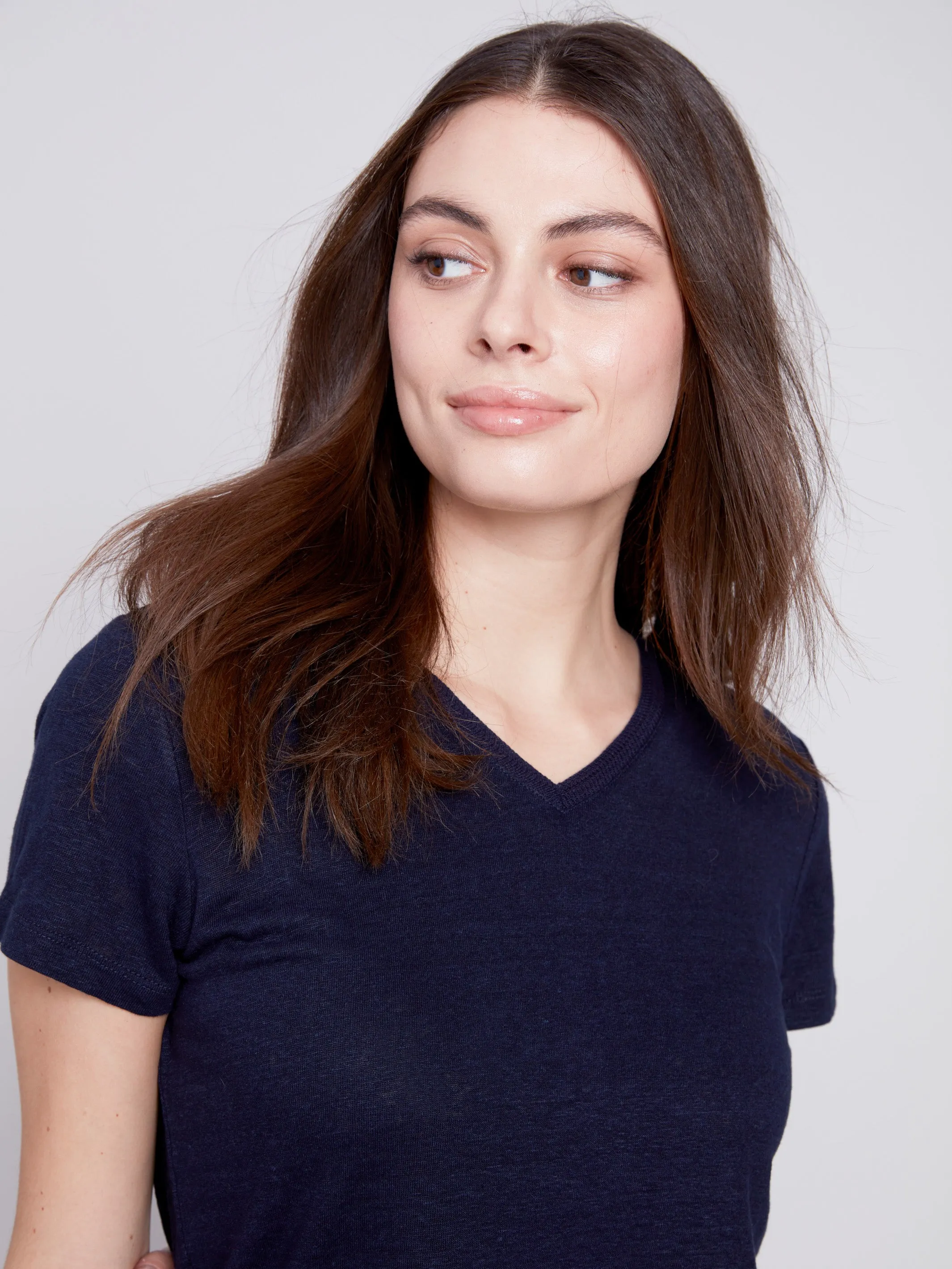 V-Neck Linen T-Shirt - Navy